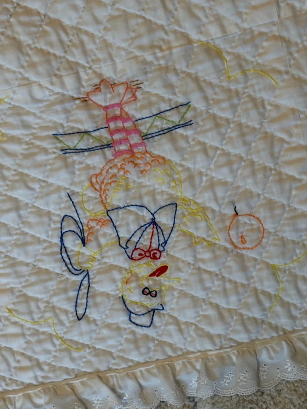 Vintage Sesame Street Embroidered Baby Blanket Cream Quilted Nursery Throw